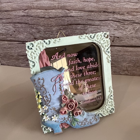 Other - Vtg Blue Boot Resin FRAMED Inspirational Bible Verse Faith Hope And Love